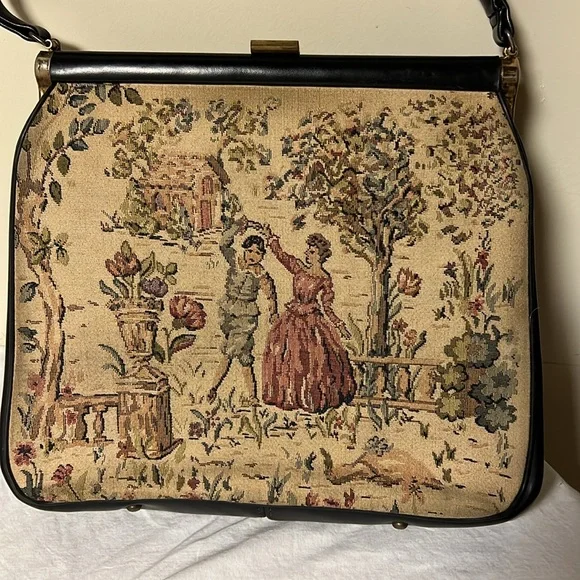 Vintage double-sided tapestry purse, man and woman dancing in a garden - Picture 4 of 9